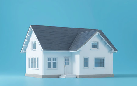 House model on blue background. 3D render. Real estate concept.の写真素材