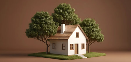 3D rendering of a small house with a tree in the middleの写真素材