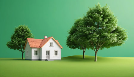 3d rendering of a house with a tree on a green backgroundの写真素材