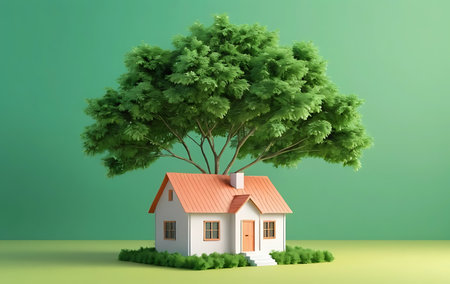 House with tree on green background. 3D render. Conceptual image.の写真素材