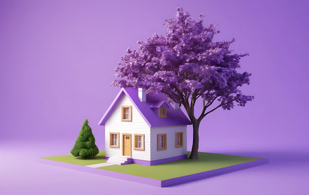 House and tree on purple background. Real estate concept. 3D renderingの写真素材