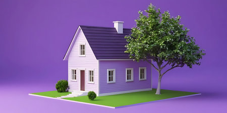 House with tree on a green lawn. 3d illustration. Purple background.の写真素材