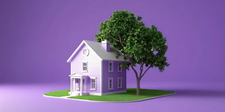 3d render of house with tree on the lawn isolated on purple backgroundの写真素材