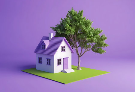 3d render of house with tree on green grass and purple backgroundの写真素材