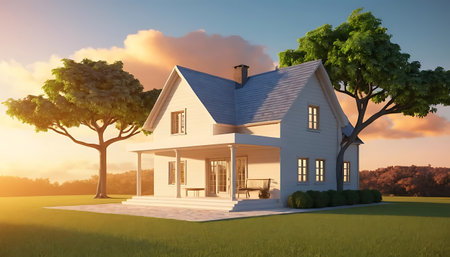 3D rendering of a classic house in the countryside at sunset.の写真素材