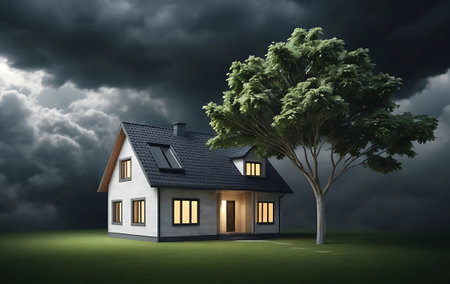 3d rendering of house on the green grass under stormy skyの写真素材