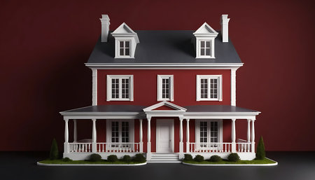 3D rendering of a classic house on a black floor with a red wallの写真素材