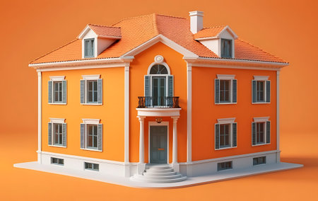 3d illustration of a house with orange roof over orange background.の写真素材