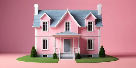 3d rendering of a modern house in pink and blue colors.の写真素材