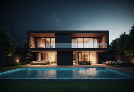 3d rendering of modern cozy house with pool and parking for sale or rent in luxurious style and...