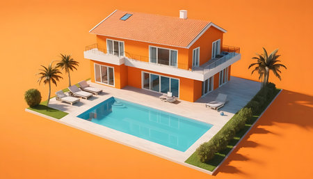 House with swimming pool and palm trees on orange background. 3D renderingの写真素材