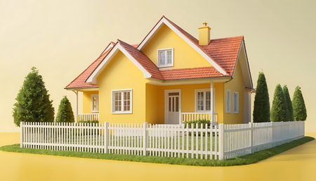 3d render of yellow house with white picket fence on yellow backgroundの写真素材
