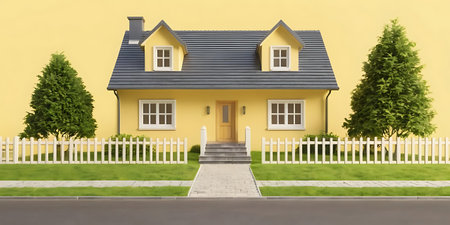 3d rendering of a house with white picket fence and grassの写真素材