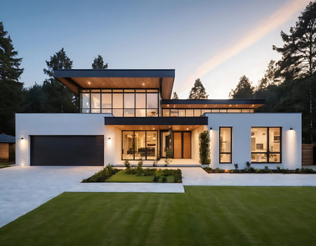 3d rendering of modern cozy house with garage and pool for sale or rent with beautiful landscaping on background. Clear summer evening with blue sky.の写真素材