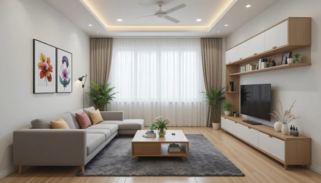 Interior of modern living room with sofa and tv 3D rendering