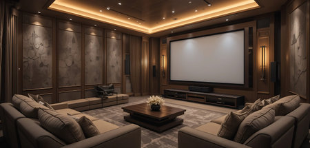3D rendering of a modern living room with a large screen TV