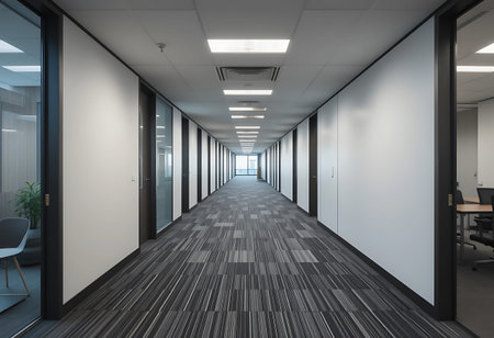 Modern office corridor with black and white walls. 3d rendering.の写真素材