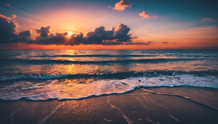 Beautiful sunset on the beach with clouds and waves. Vintage style.