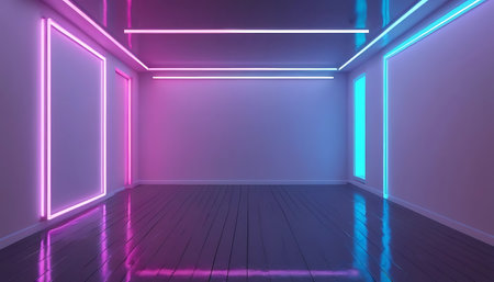 3d render, abstract interior with neon lights, purple and pinkの写真素材