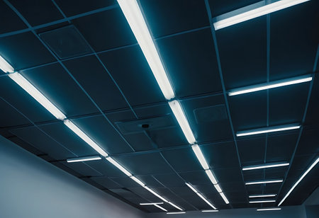 Blue light in the ceiling of a modern office building, stock photoの写真素材