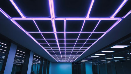 Abstract blue and purple neon lights in modern office. 3d renderingの写真素材