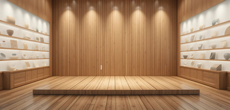 3d rendering of a wooden interior with a wooden floor and shelvesの写真素材