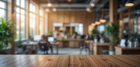 Empty wooden table and blurred background of modern office. 3D Rendering