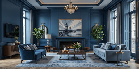 Classic blue living room interior with fireplace and armchairs. 3d renderingの写真素材