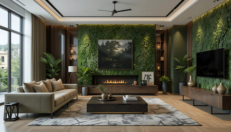 Interior of modern living room with green walls, 3d render