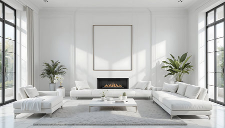interior of modern bright living room with white sofa 3D rendering illustration