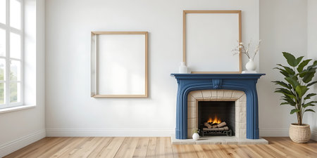 Interior of living room with fireplace and picture frame. 3D renderingの写真素材