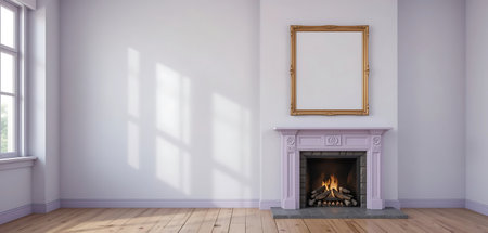 Empty room with fireplace and picture frame. 3d render illustration.の写真素材