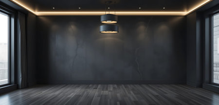 Empty room with black walls, wooden floor and ceiling lamp. 3d rendering
