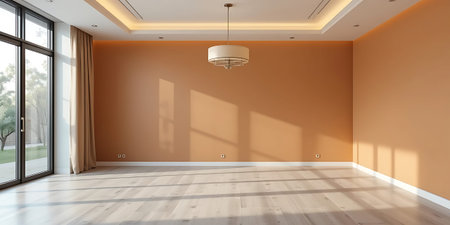 Empty room with orange walls and wooden floor. 3d rendering.