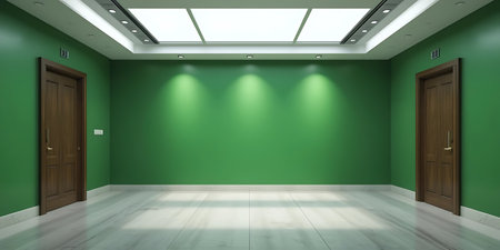 Green empty room with wooden door and white floor. 3D renderingの写真素材