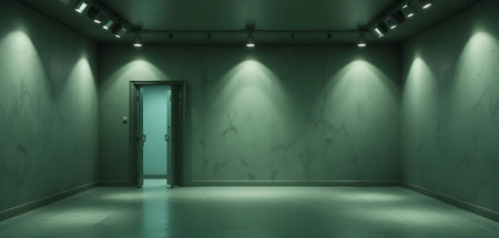 Interior of an empty room with a green wall and a door