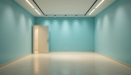 Interior of empty room with blue wall and door. 3D rendering