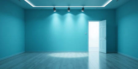 Interior of an empty room with blue walls and a white doorの写真素材