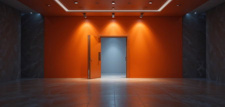 3d rendering of an orange room with a door and a spotlightの写真素材