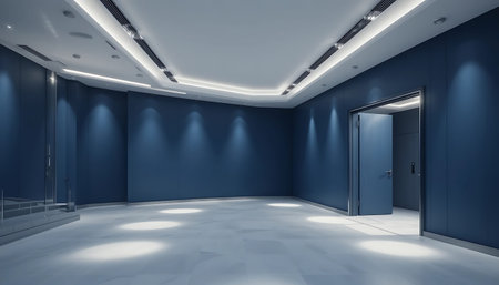 Interior of modern office with blue walls and floor, 3d render