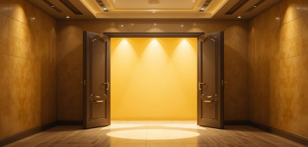 3D rendering of a corridor in a hotel with an open door