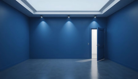 Empty room with blue wall and white door. 3D rendering.