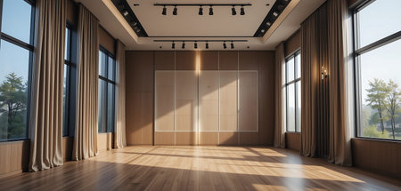 Empty room with large windows and wooden floor. 3D rendering.