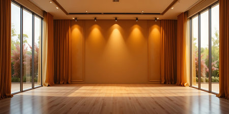 Empty room with orange curtains and wooden floor. 3d rendering.の写真素材