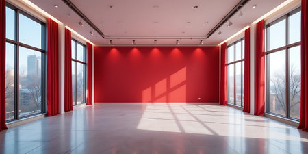Red interior with large windows and white tiled floor. 3d renderingの写真素材