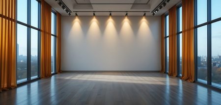 Empty room with orange curtains and large windows. 3D rendering.の写真素材