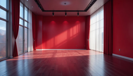 Interior of empty room with red curtains, 3d render.の写真素材