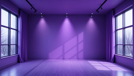 Purple empty room with window and purple curtains. 3D renderingの写真素材