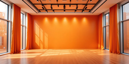 Empty room with orange wall and orange curtains. 3D Rendering