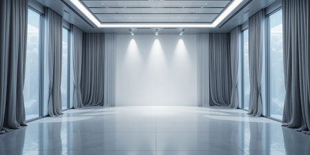 3d rendering of empty white room with blue curtains and spotlightsの写真素材